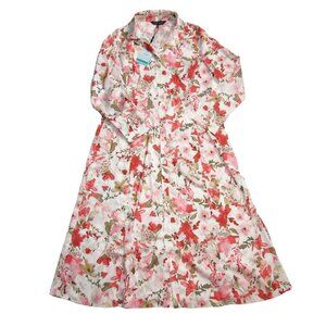 NWT Ming Wang Watercolor Floral in Sunkissed Coral Crepe de Chine Shirt Dress S